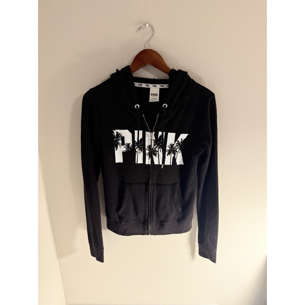 Women's Victorias Secret PINK Black Full Zip Up Hoodie Size Small Y2K VS Jacket